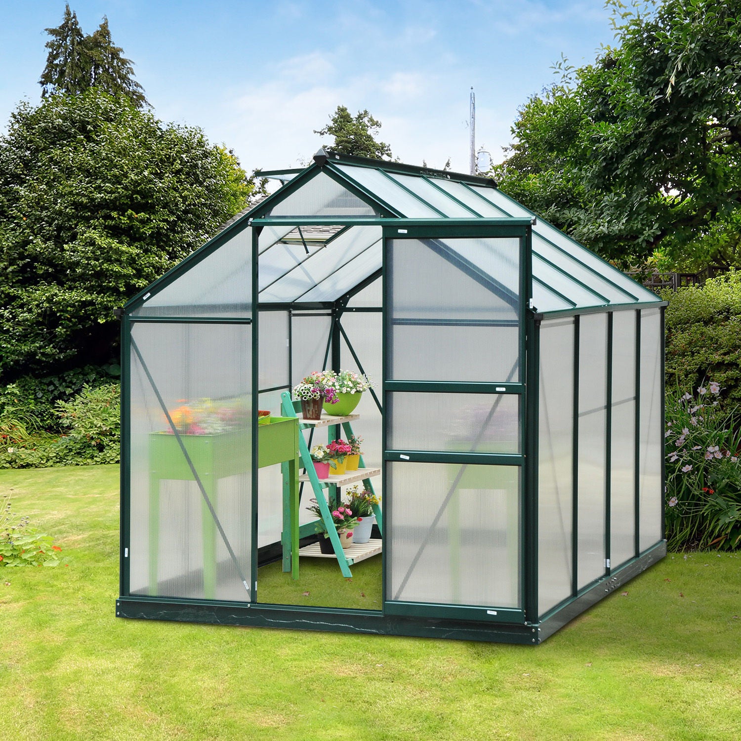 Outsunny Clear Polycarbonate Greenhouse Large Walk-In Green House Garden Plants Grow Galvanized Base Aluminium Frame w/ Slide Door (6 x 8ft)