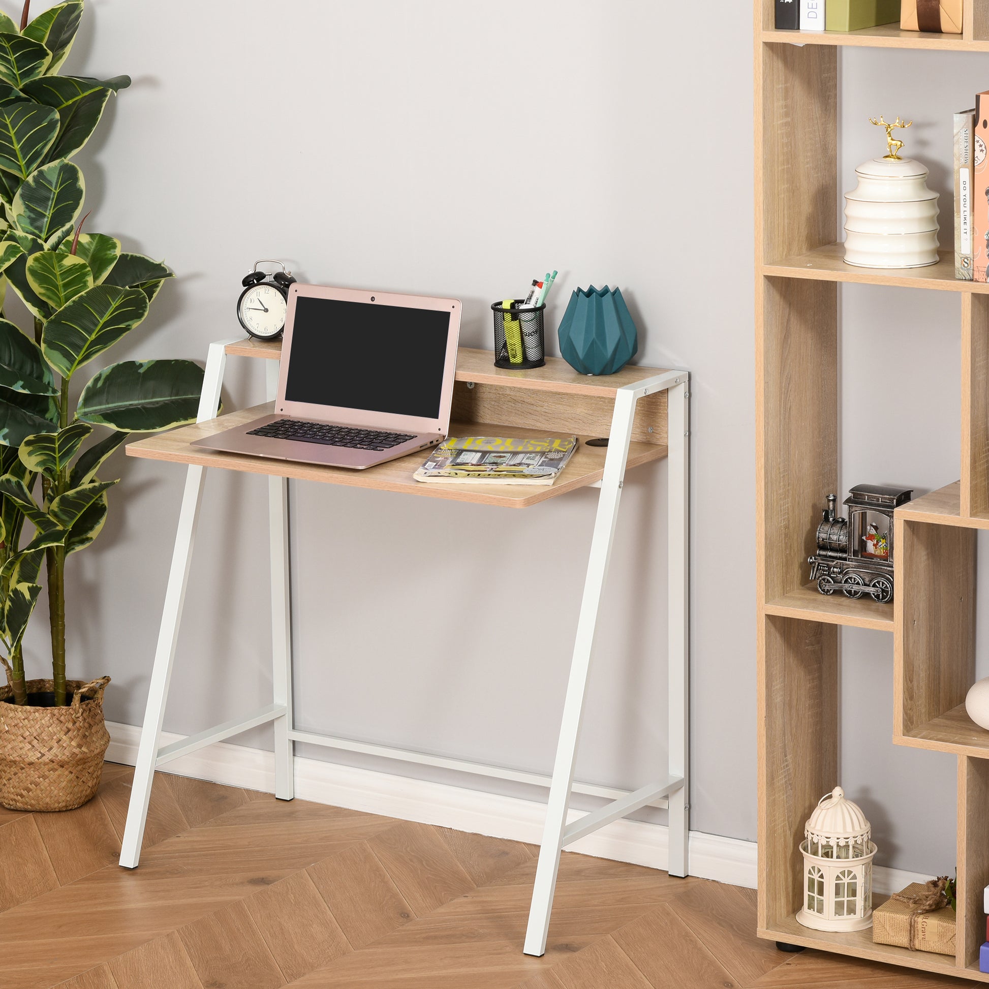 Homcom Two-Tier Metal Frame Writing Desk - Oak-Effect