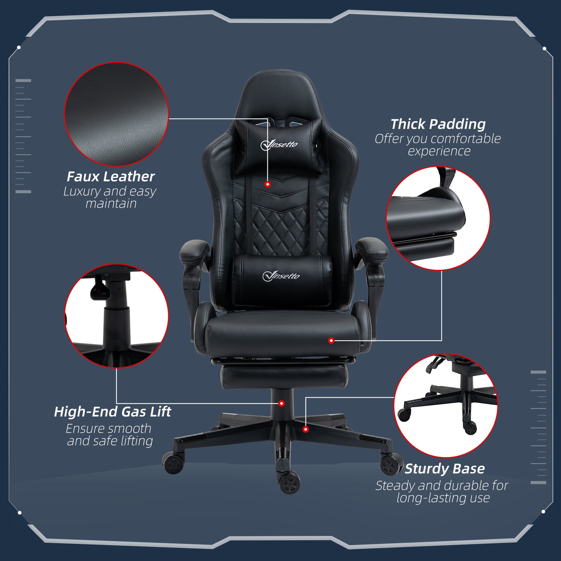 Vinsetto Racing Gaming Chair With Swivel Wheel Footrest Pvc Leather Recliner Gamer Desk For Home Office Black