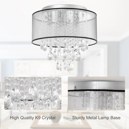 Homcom Modern Crystal Chandelier Flush Mount Ceiling Light with Drum Shade for Living Room Bedroom Dining Room Silver