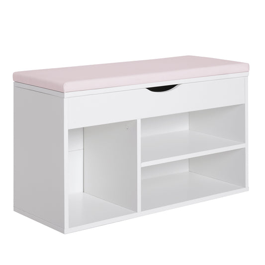 Homcom Wooden Shoes Cabinet Bench Hidden Storage Padded Seat Organiser Footwear Rack Hallway White Pink 80 x 30 x 47 cm