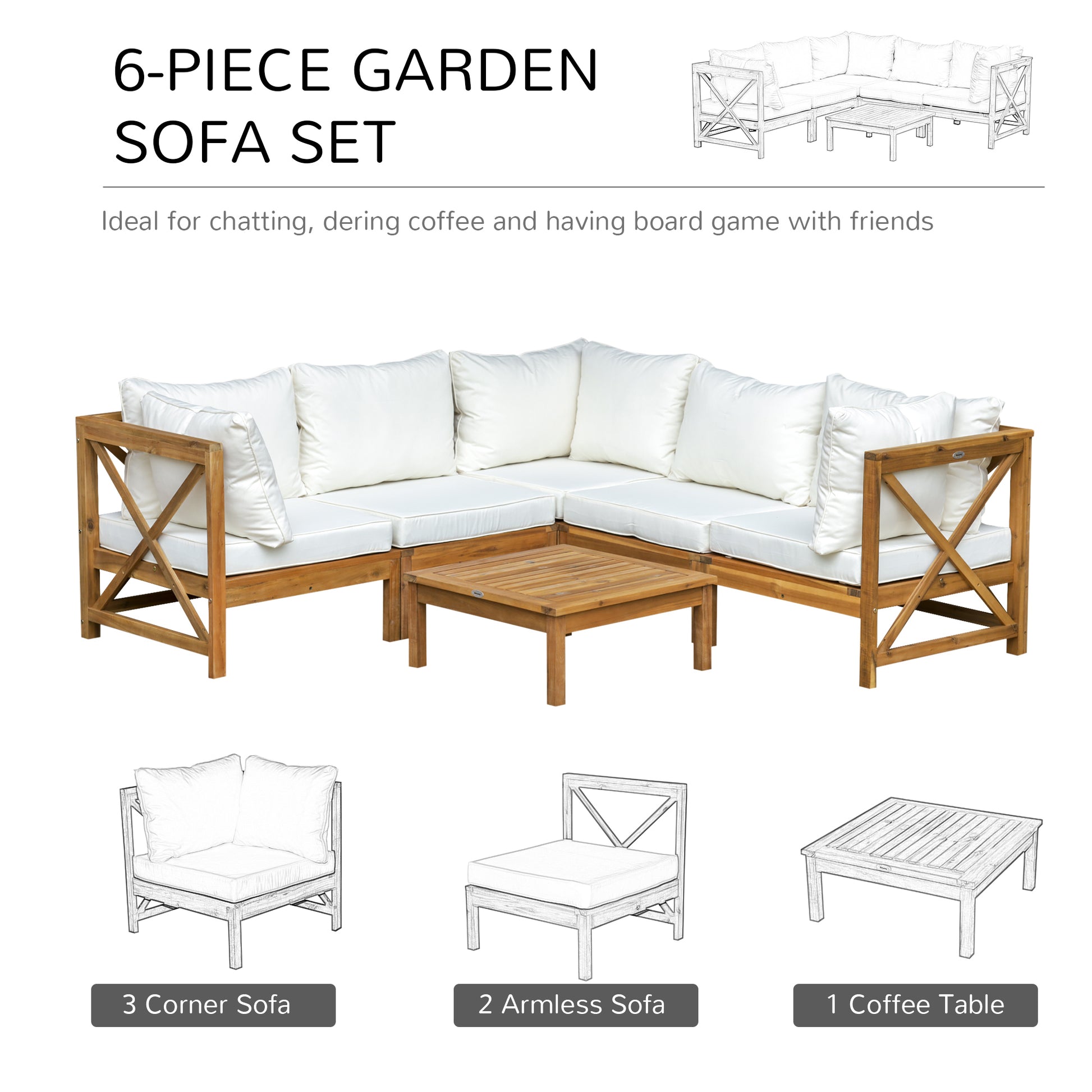 Outsunny 6pcs Furniture Set Coffee Table 5 Seats w/ Cushions for Balcony Cream White