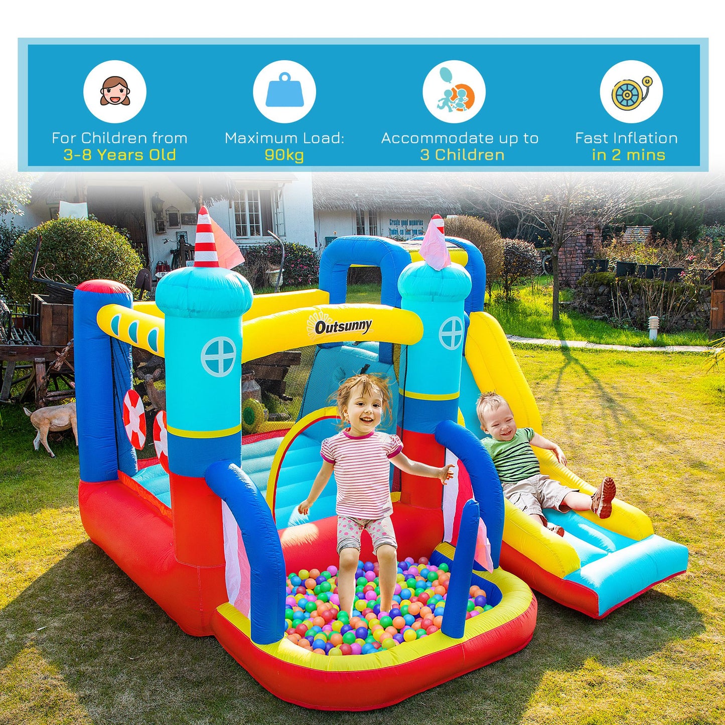 Outsunny 4 In 1 Kids Bouncy Castle Large Sailboat Style Inflatable House Slide Trampoline Water Pool Climbing Wall With Blower Carrybag For Kids Age 3-8