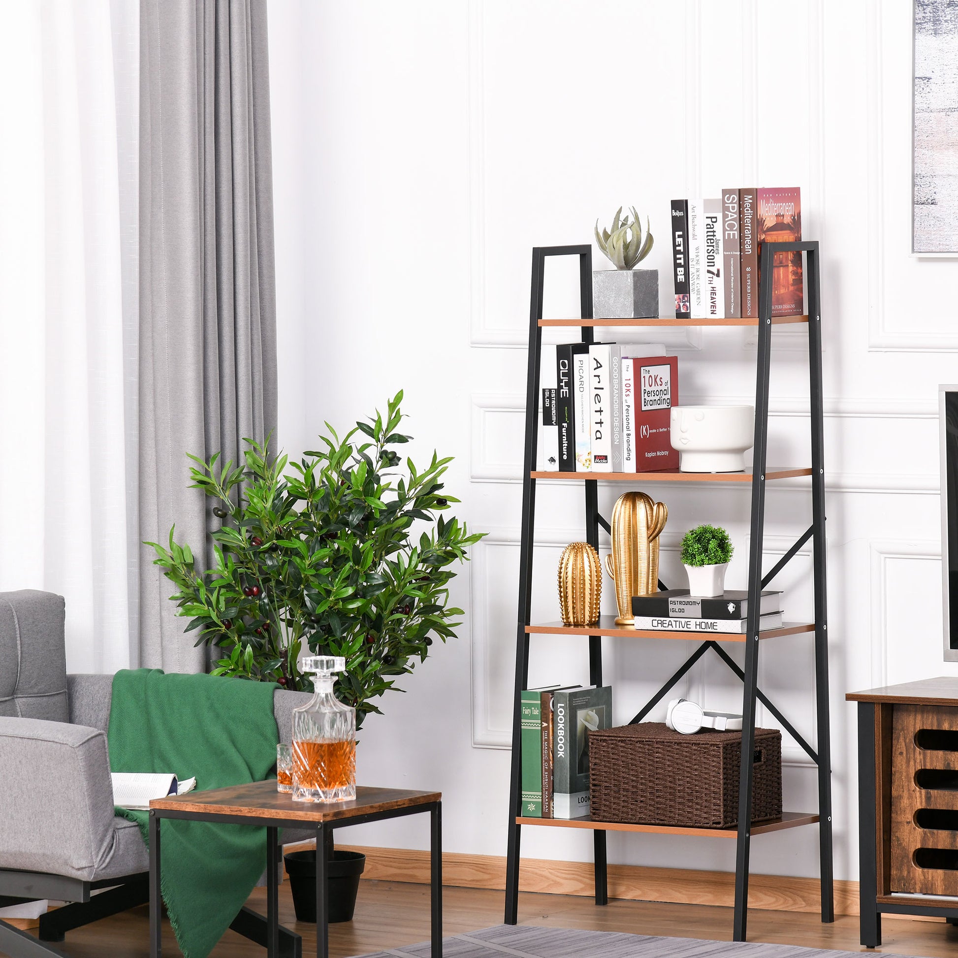 Homcom Four-Tier Metal Frame Minimal Shelving Unit - Wood-Effect