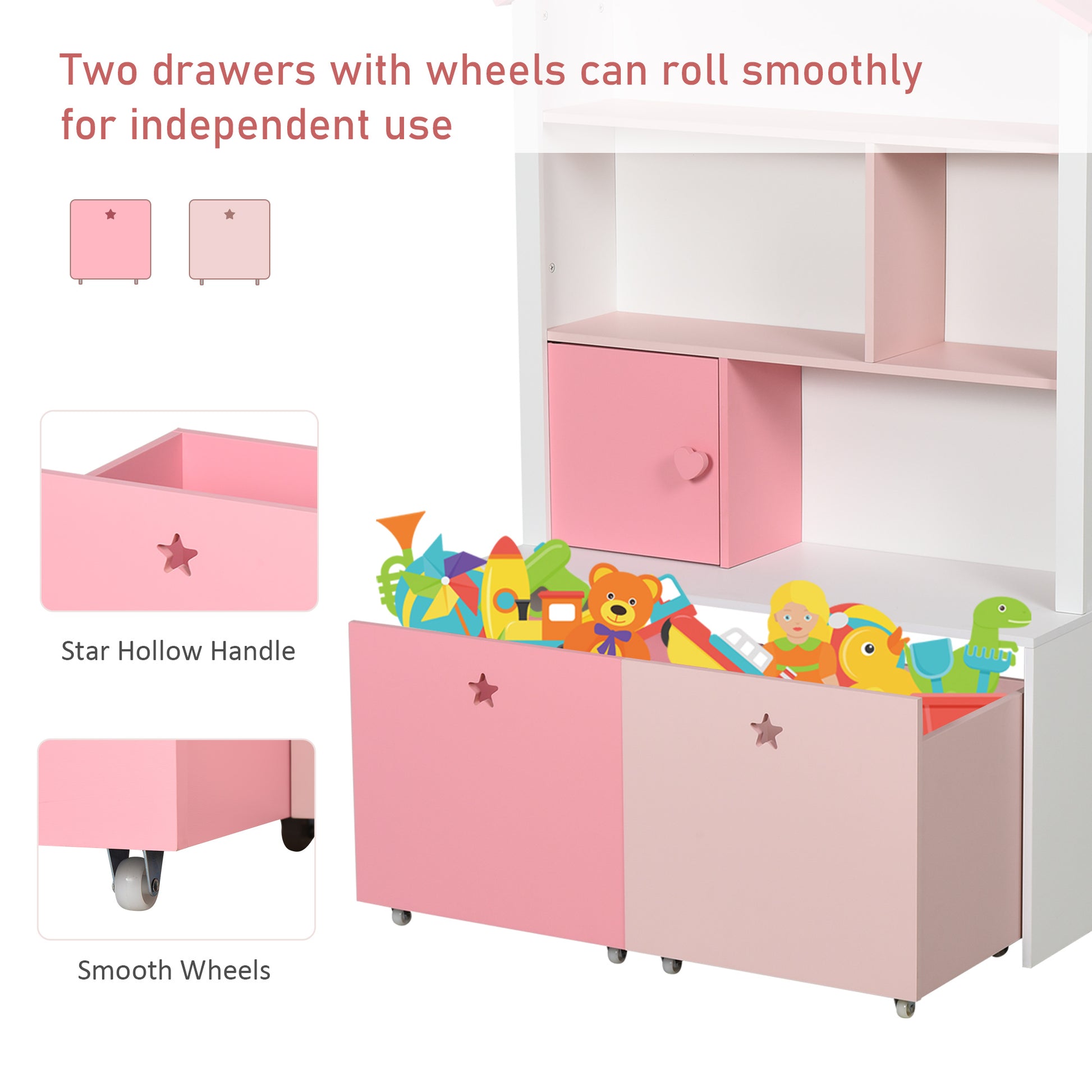 Homcom Kids Bookshelf Chest W Drawer With Wheels Baby Toy Wood Organizer Display Stand Storage Cabinet 80X34X130Cm Pink