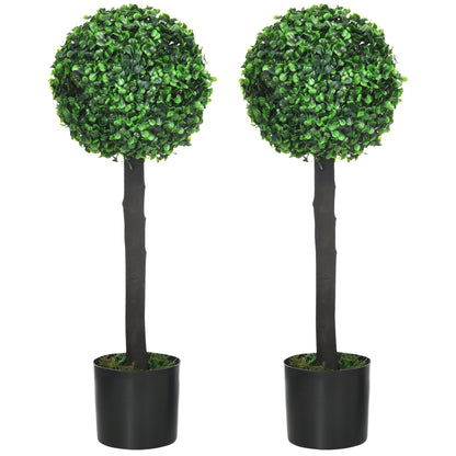 Homcom Set of 2 Artificial Plants Boxwood Ball Trees in Pot Fake Plants for Home Indoor Outdoor Decor