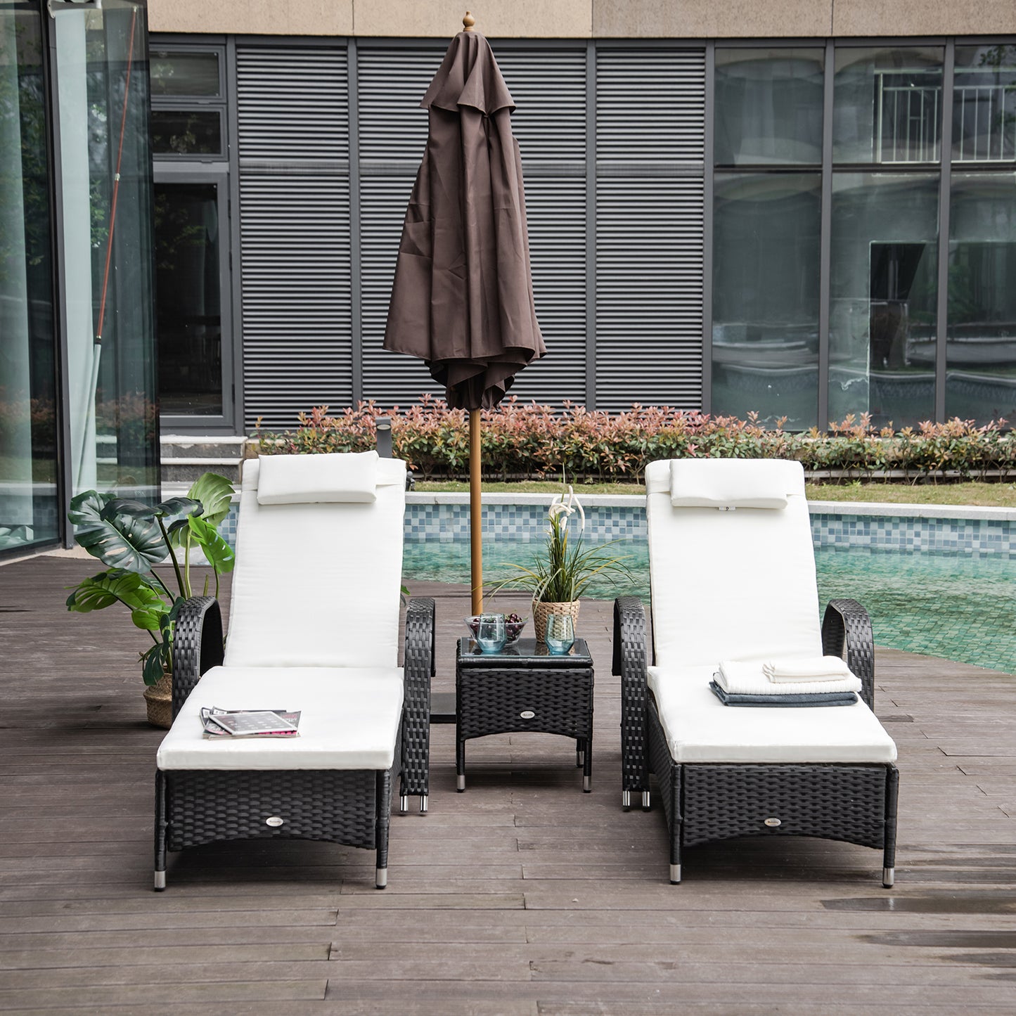 Outsunny 2 Seater Rattan Sun Lounger Set With Side Table Black