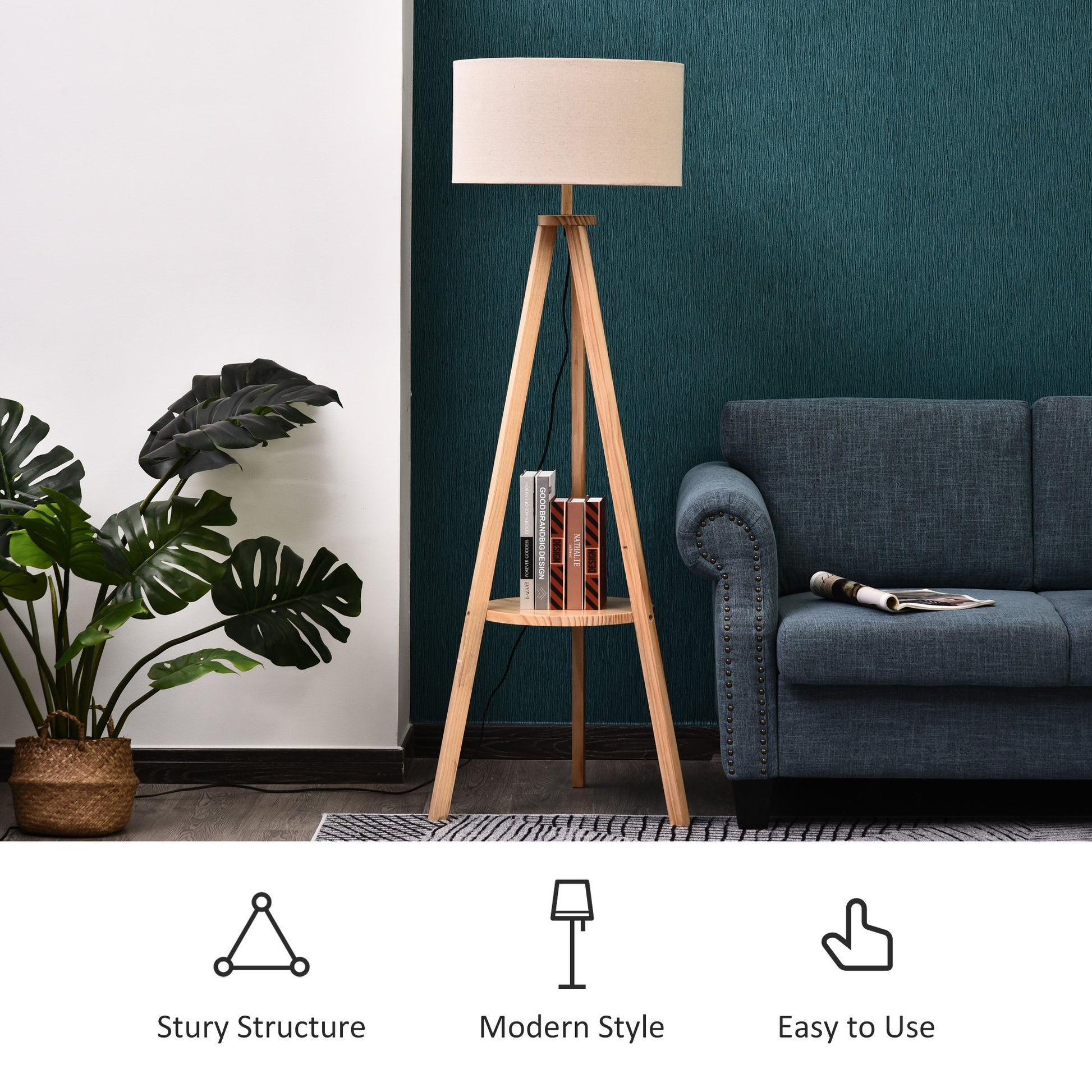 Homcom Free Standing Tripod Floor Lamp Bedside Light Reading Light With Storage Shelf Linen Shade For Living Room Bedroom