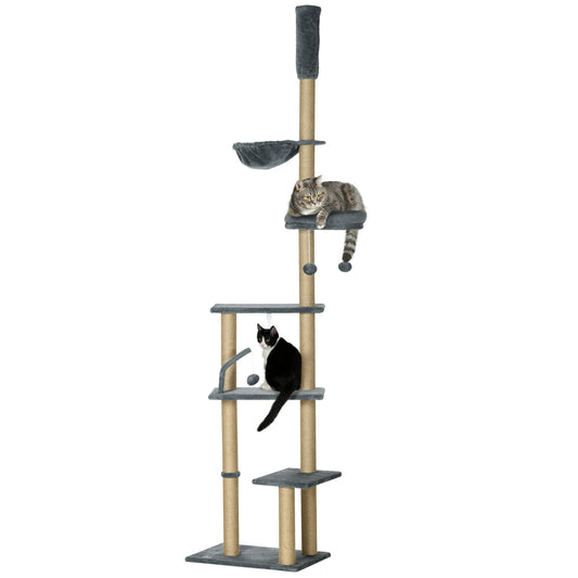 Floor to Ceiling Cat Tree, 6-Tier Play Tower Climbing Activity Center w/ Scratching Post, Hammock, Adjustable Height 230-250cm, Grey-0