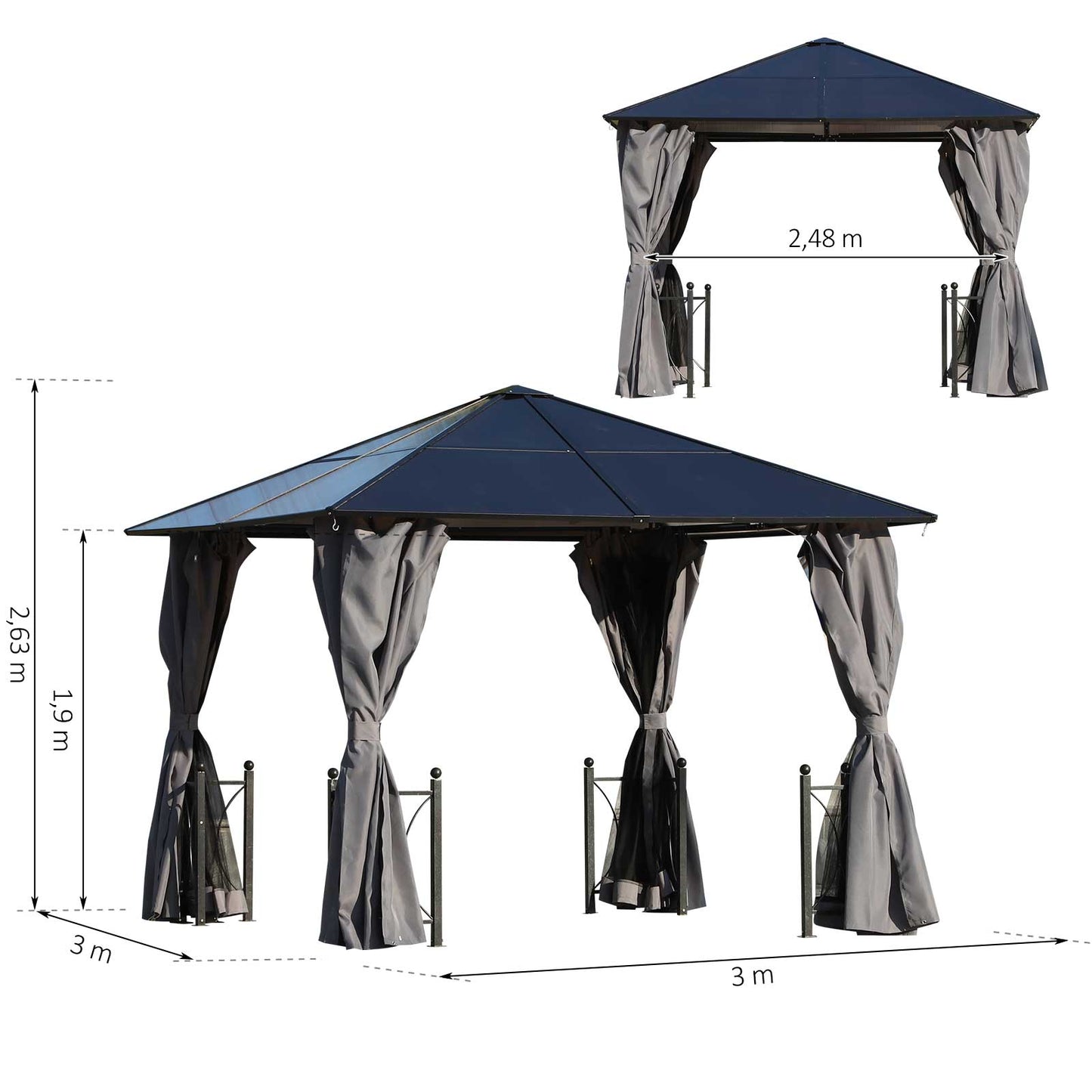 Outsunny 3 x 3(m) Hardtop Gazebo Canopy with Polycarbonate Roof