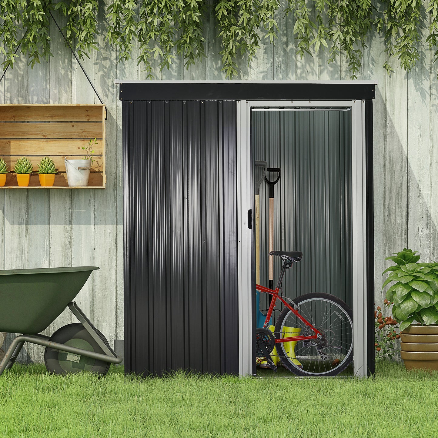 Galvanised 5 x3' Single Door Pent Garden Store Steel Black by Steadfast