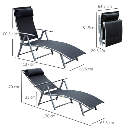 Outsunny Sun Lounger Steel Frame Outdoor Folding Chaise Texteline Lounge Chair Recliner With Headrest & 7 Levels Adjustable Backrest