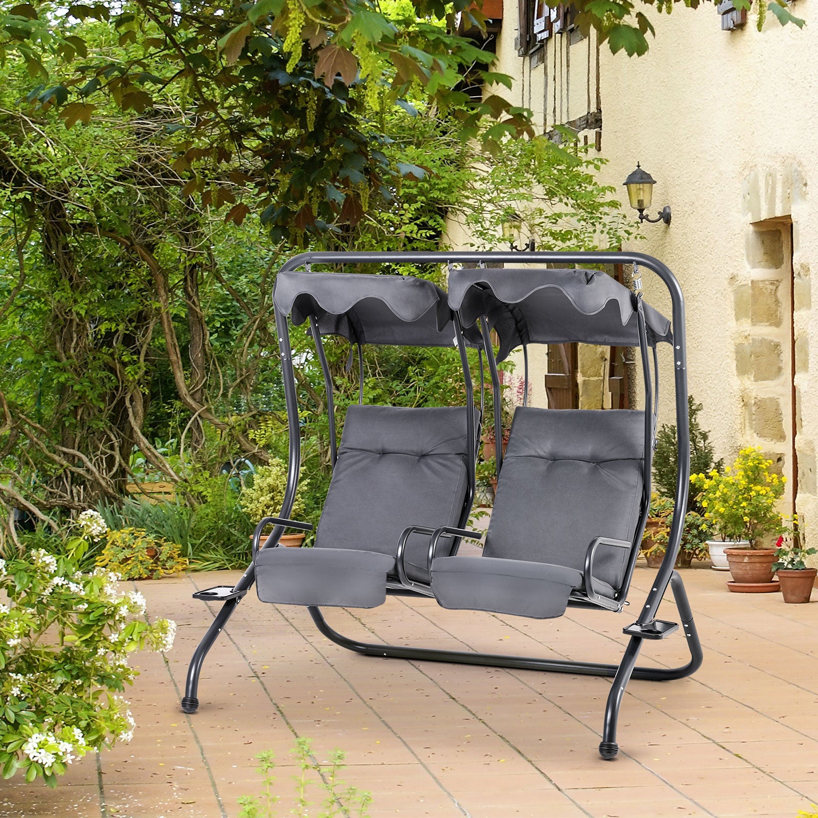 Outsunny Canopy Swing Chair Modern Garden Swing Seat Outdoor Relax Chairs W/ 2 Separate Chairs