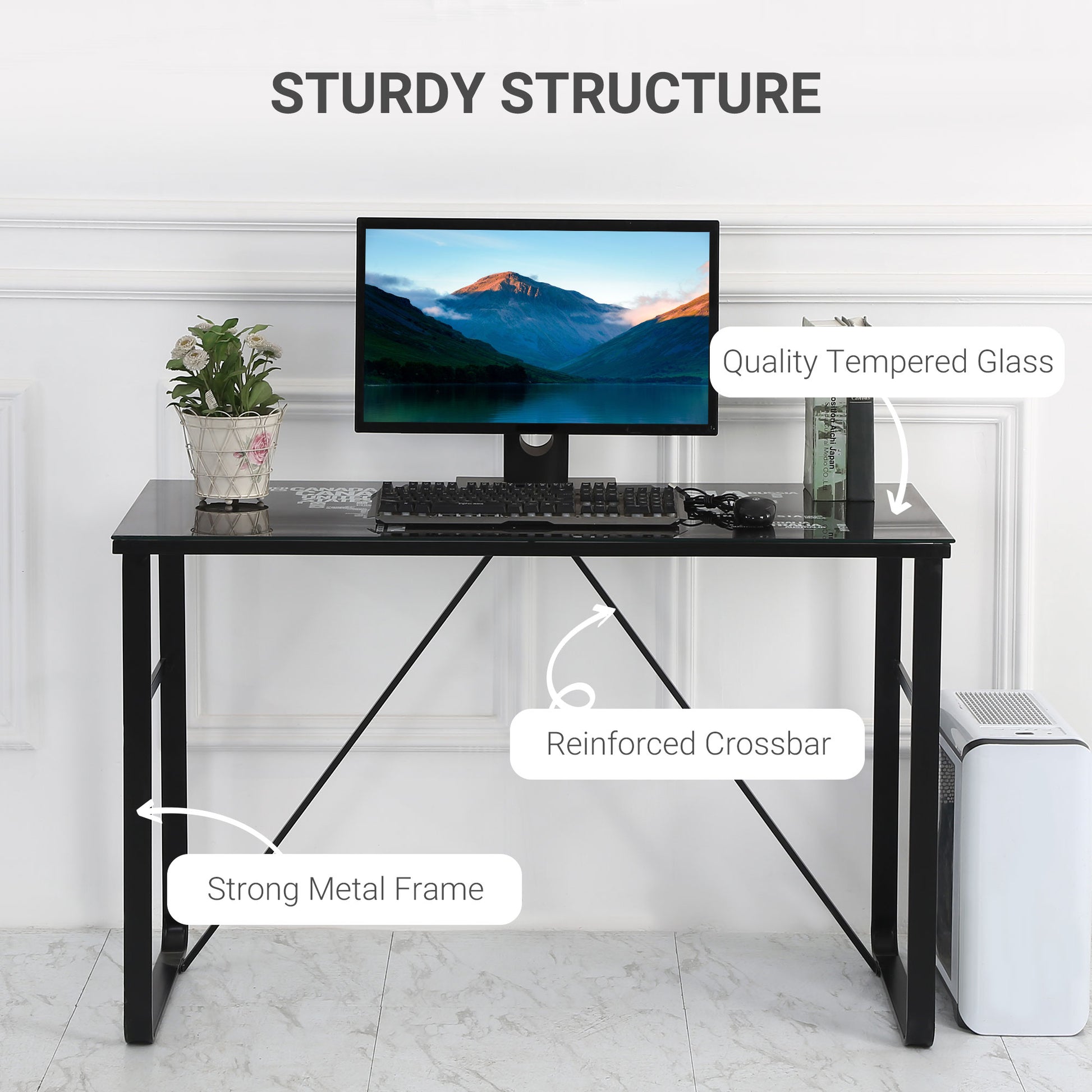 Homcom Tempered Glass Top Writing Desk With World Map Printing