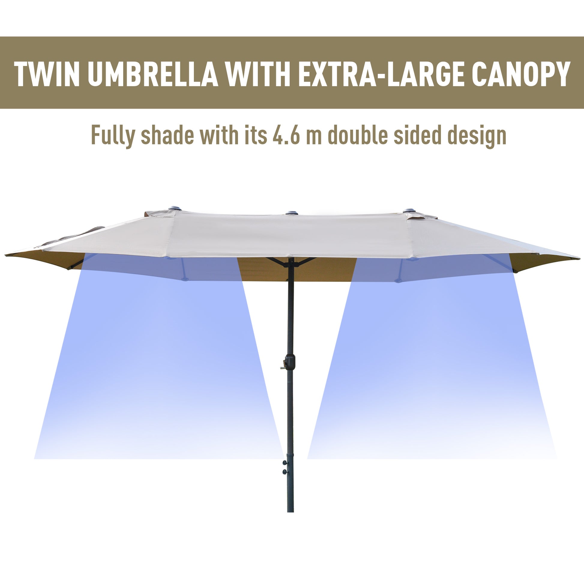 Outsunny 4.6M Sun Umbrella Canopy Double-sided Crank Sun Shade w/ Cross Base Khaki