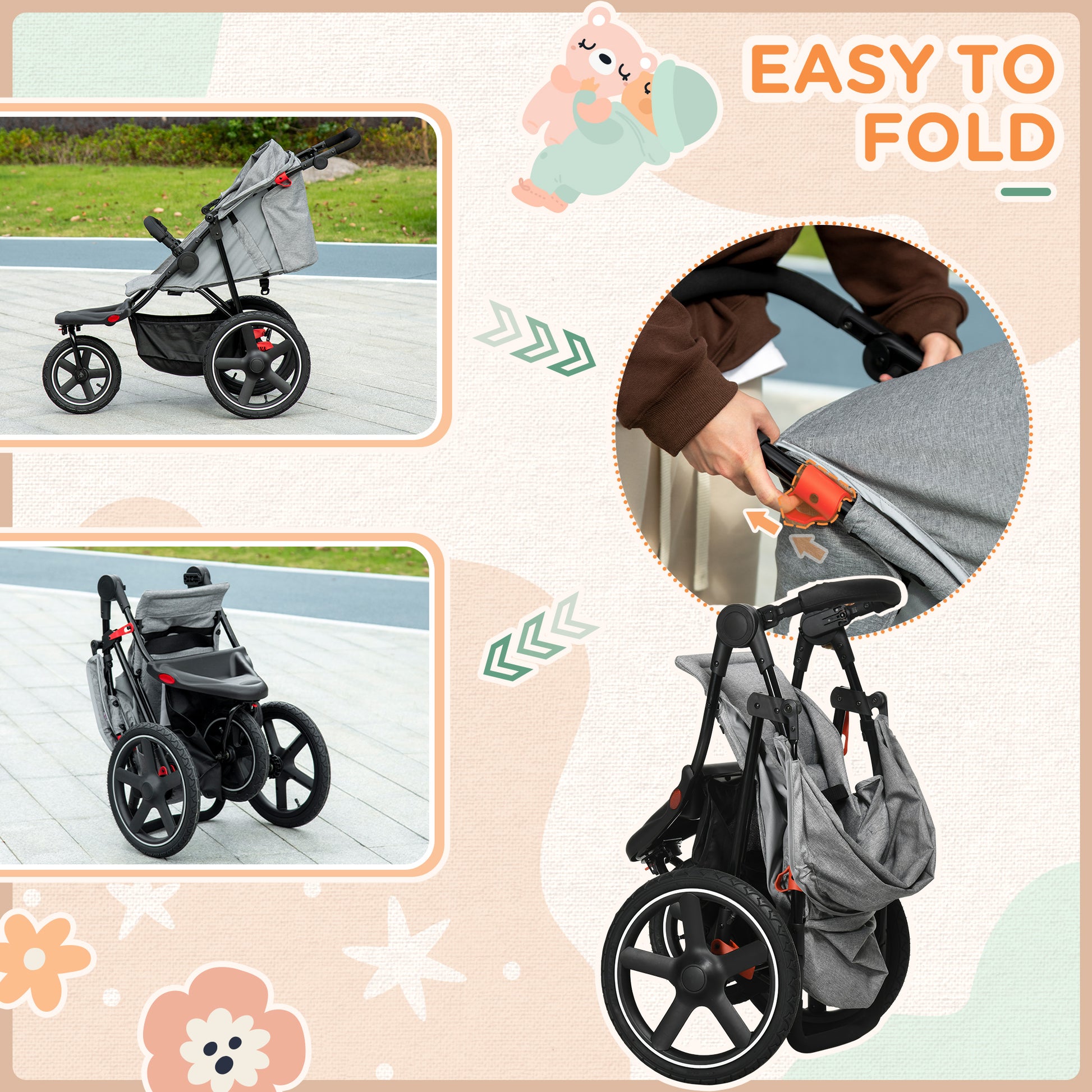 Homcom Foldable Three-Wheeler Baby Stroller w/ Canopy