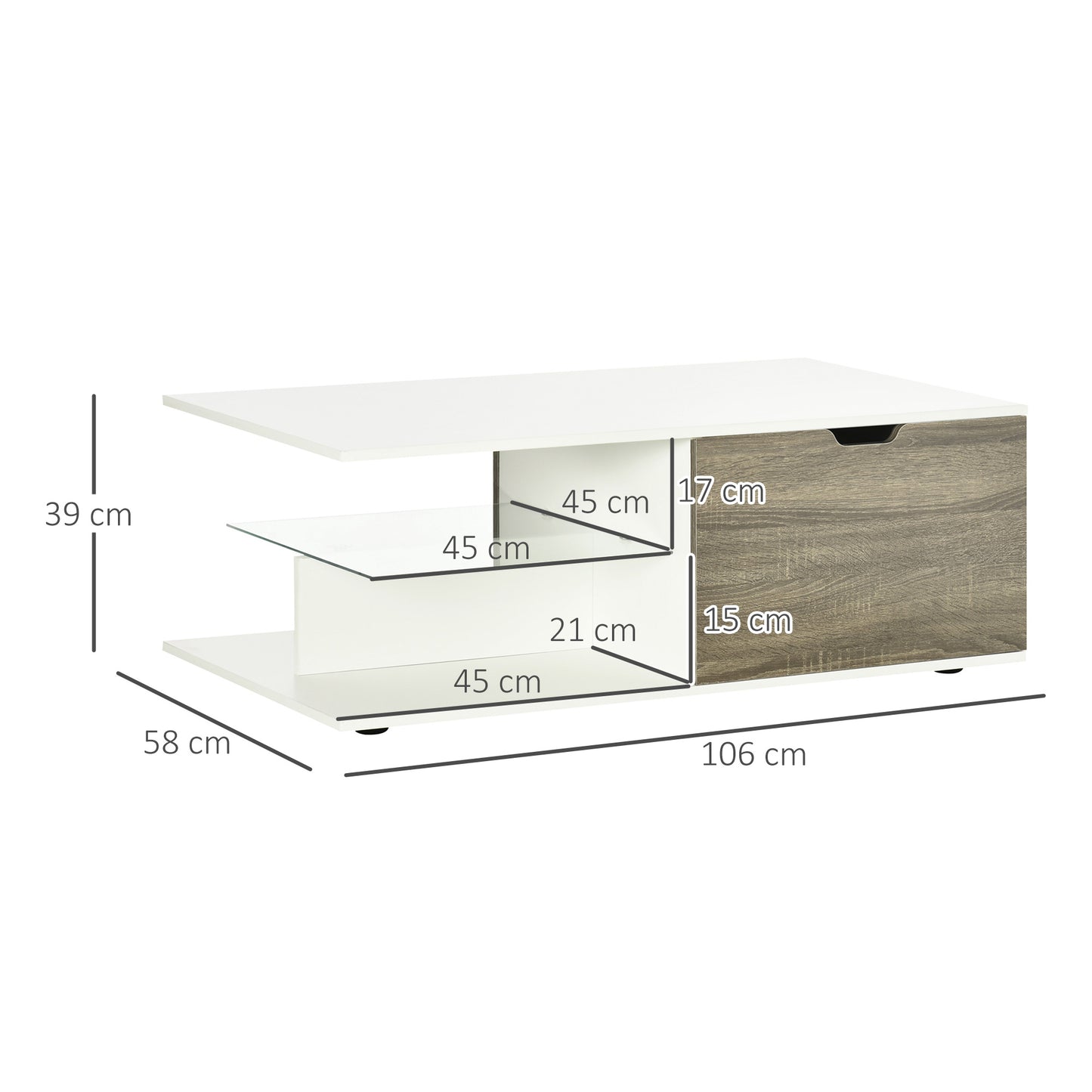 Homcom Modern Coffee Table with Tempered Glass Shelf and Two Drawers