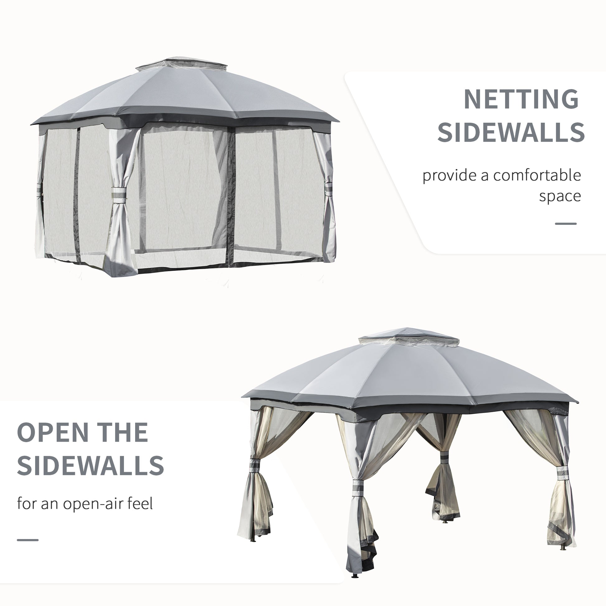 Outsunny 3.7 x 3(m) Metal Gazebo Canopy Party Tent Garden Patio Shelter with Netting Sidewalls & Double Tiered Roof