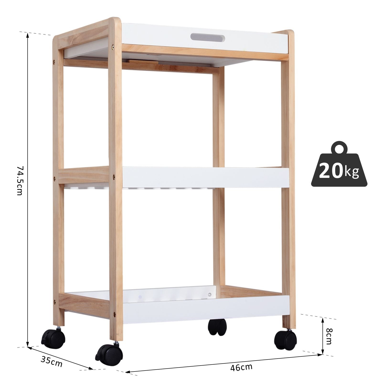 Homcom 3-Tier Mobile Kitchen Trolley Cart Storage Shelves Rack Rolling Wheels White 46 x 35 x 74.5 cm