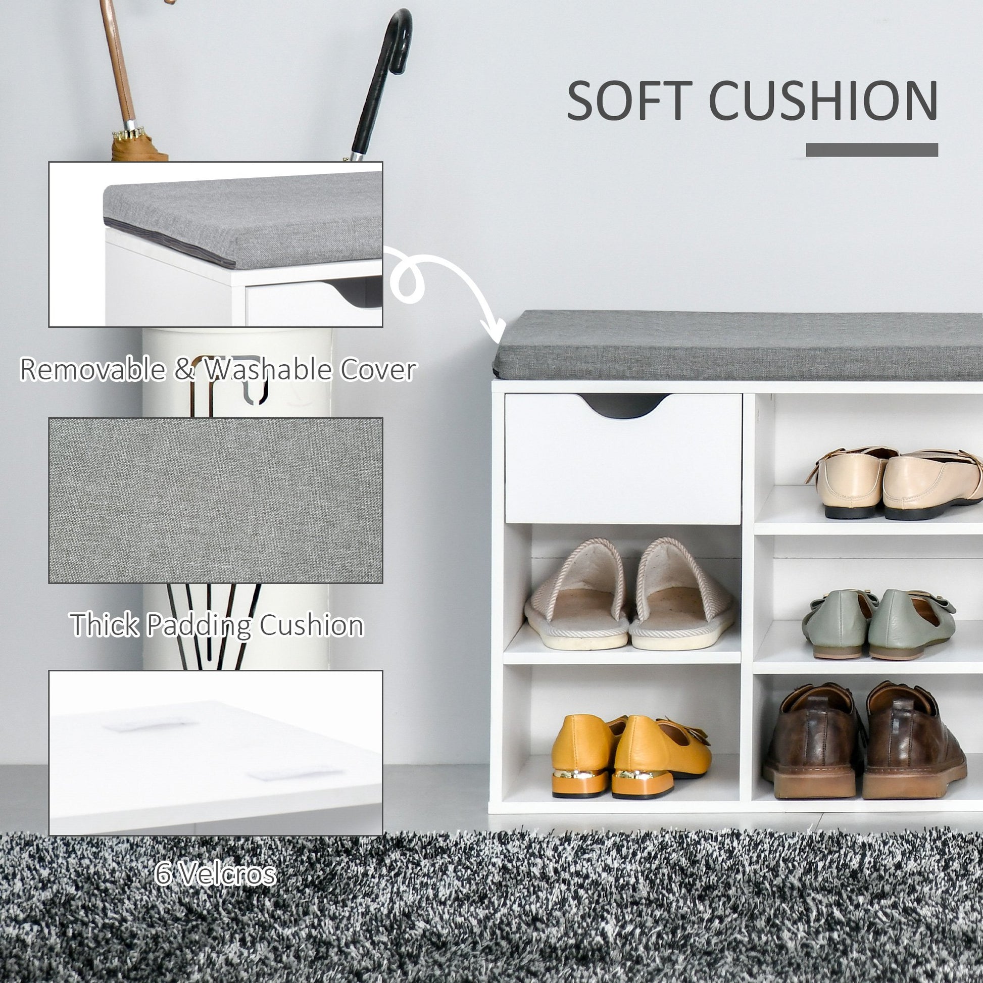 Homcom Shoe Storage Bench w/ Cushion 7 Compartments Adjustable Shelves White and Grey