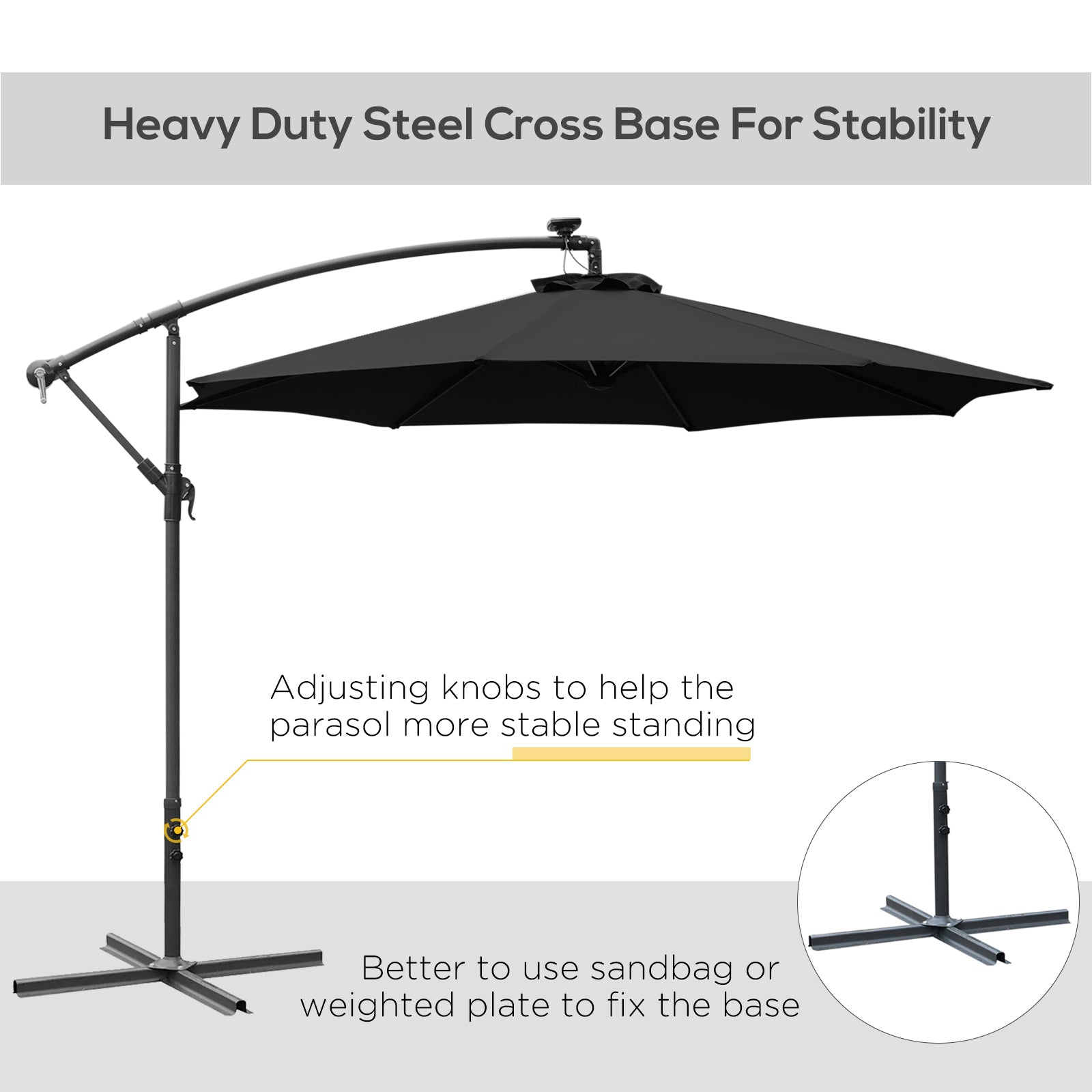 Outsunny 3m LED Patio Banana Umbrella Cantilever Parasol w/ Crank Cross Base Hanging Offset Umbrella Frame Steel Aluminium Garden Table Outdoor Black