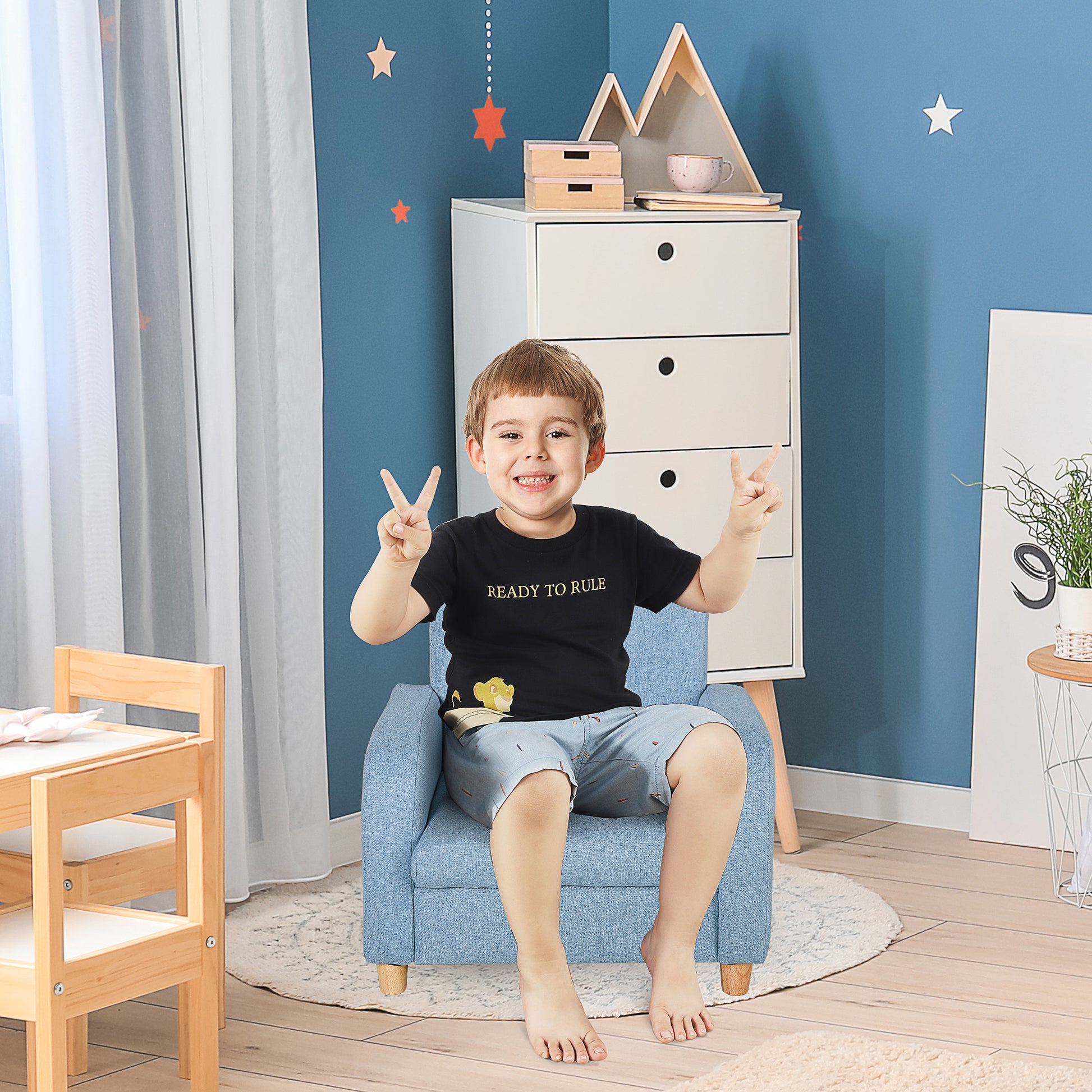 Homcom Kids Children Armchair Mini Sofa Wood Frame Anti-Slip Legs High Back Bedroom Playroom Furniture Blue