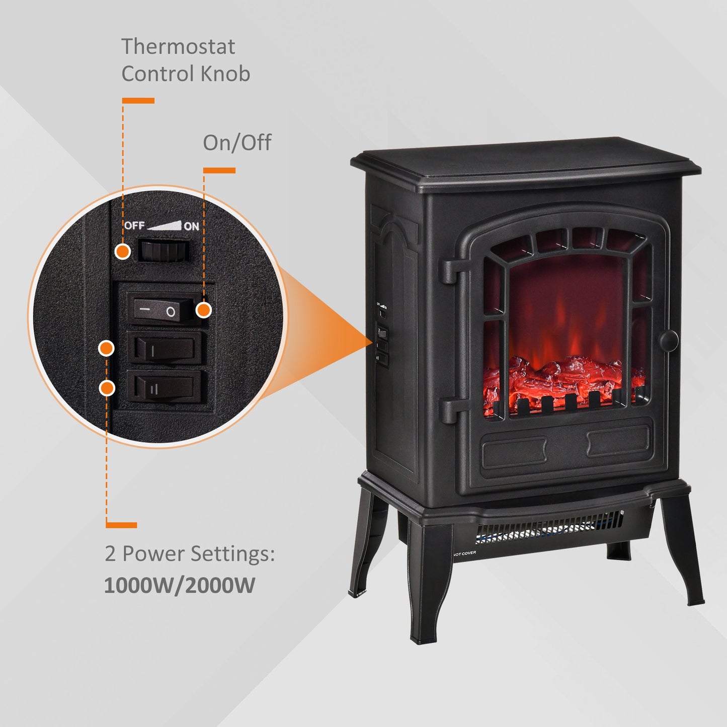 Homcom Freestanding Electric Fireplace Stove W/Realistic Flame Effect 1000W/2000W-Black