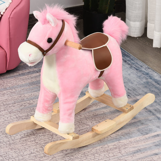 Homcom Kids Plush Rocking Horse w/ Sound Moving Mouth Wagging Tail Children Rocker Ride On Toy Gift 36 - 72 Months Pink