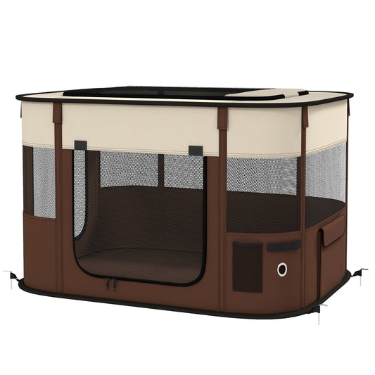 Foldable Dog Pen with Storage Bag for Indoor/Outdoor Use, Portable Pet playpen, with Ground Stakes - Brown-0