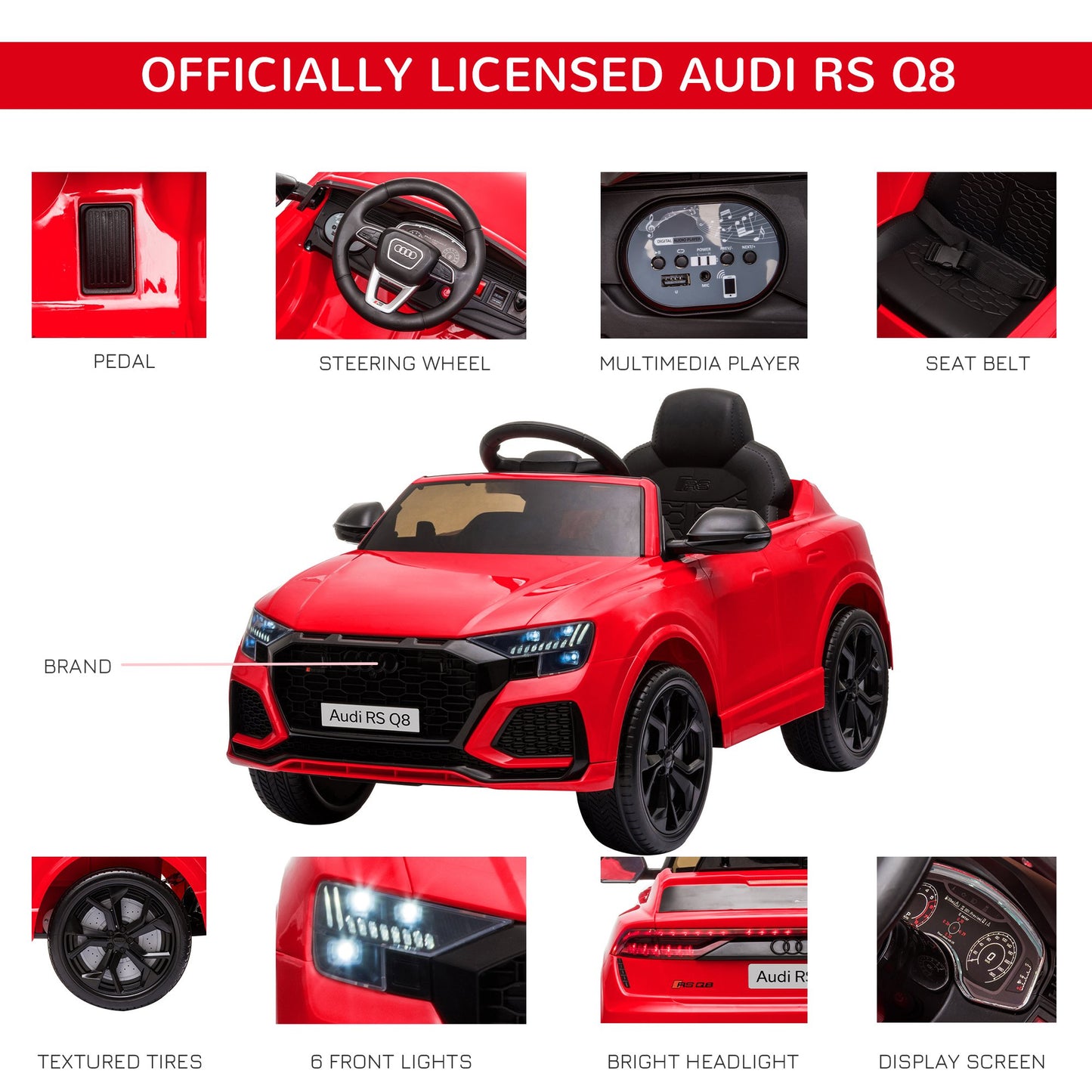 Homcom Audi RS Q8 6V Kids Electric Ride On Car Toy w/ Remote USB MP3 Bluetooth Red