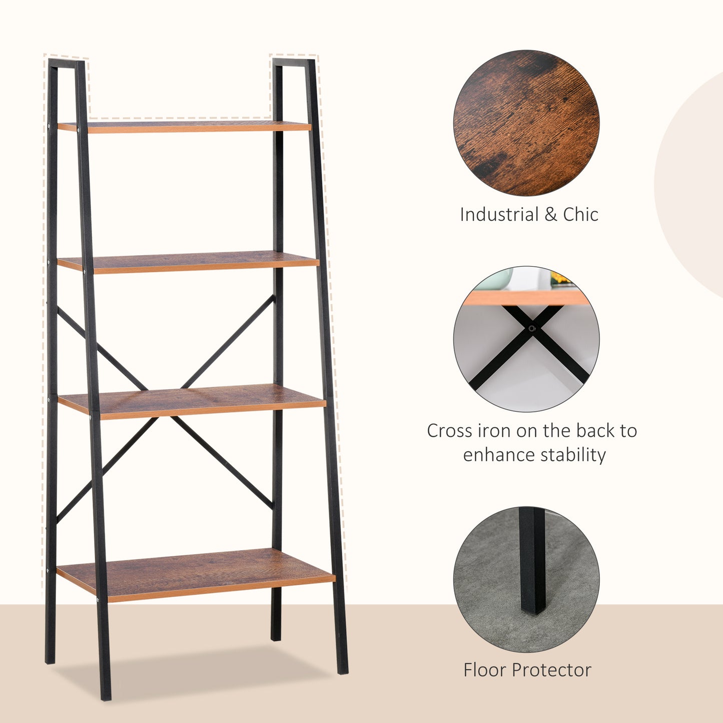 Homcom Four-Tier Metal Frame Minimal Shelving Unit - Wood-Effect