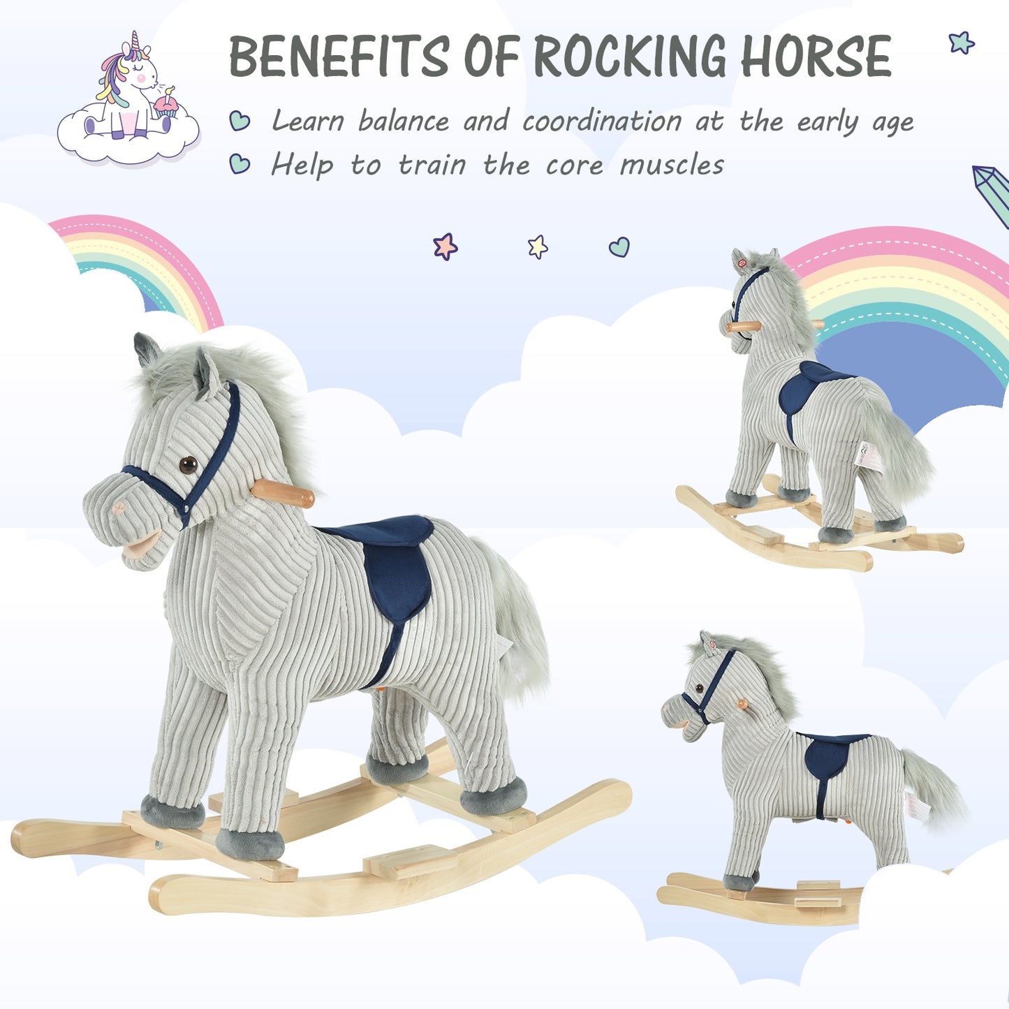 Homcom Kids Ride On Ribbed Plush Rocking Horse w/ Sound Grey