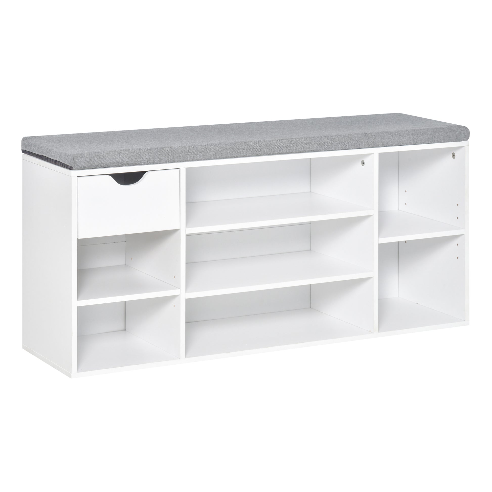 Homcom Shoe Storage Bench w/ Cushion 7 Compartments Adjustable Shelves White and Grey