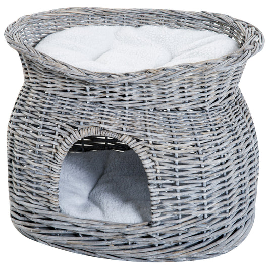 2-Tier Wicker Cat House Elevated Pet Bed Basket Willow Kitten Tower Pet Den. with Washable Cushions 56x37x40cm Grey-0