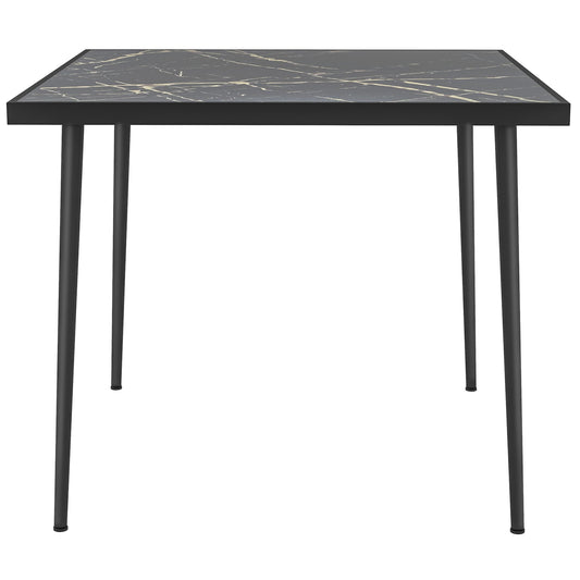 Square Garden Table, Outdoor Dining Table for 4 with Marble Effect Tempered Glass Top and Steel Frame for Patio, Black-0