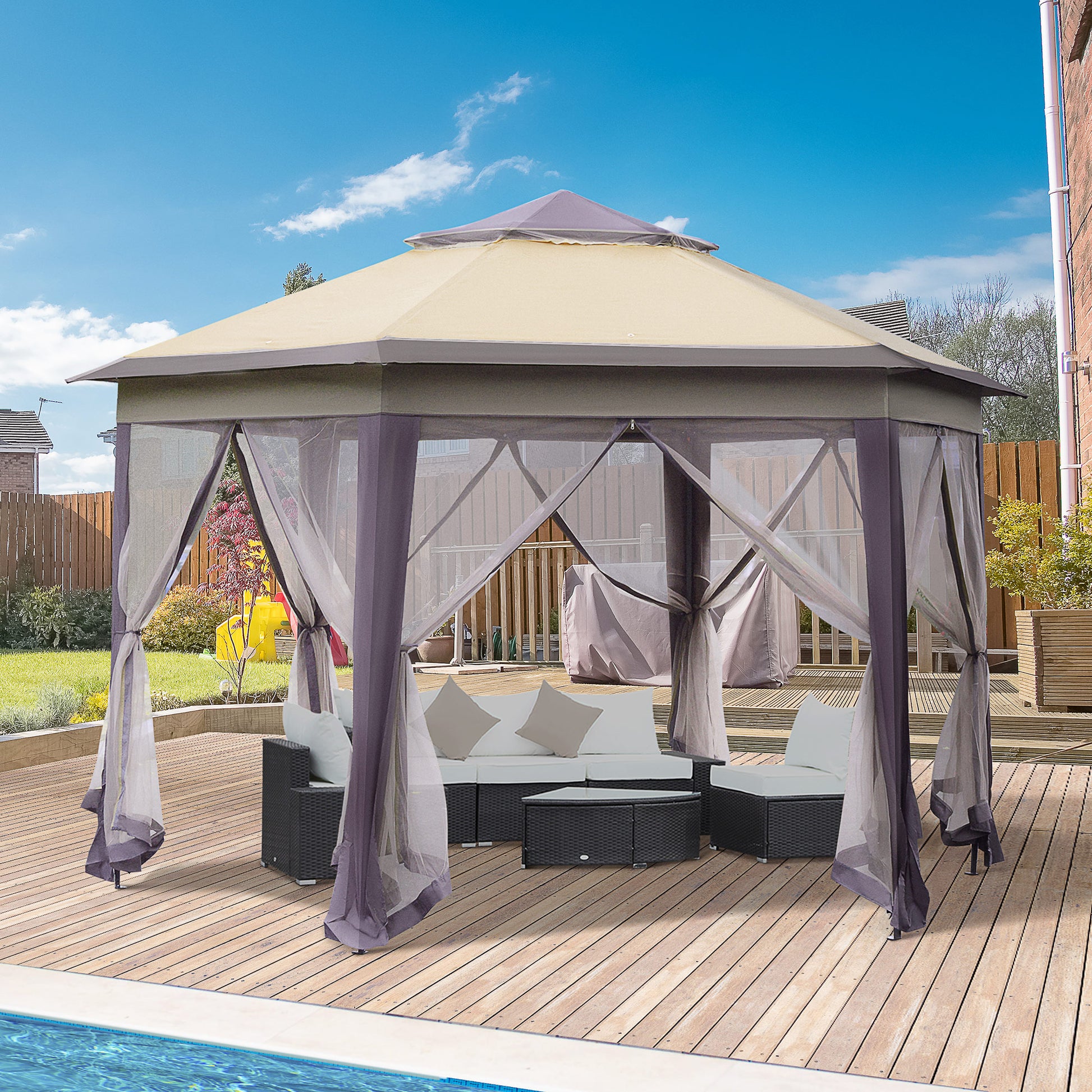 Outsunny Hexagon Patio Gazebo Pop Up Gazebo Outdoor Double Roof Instant Shelter with Netting