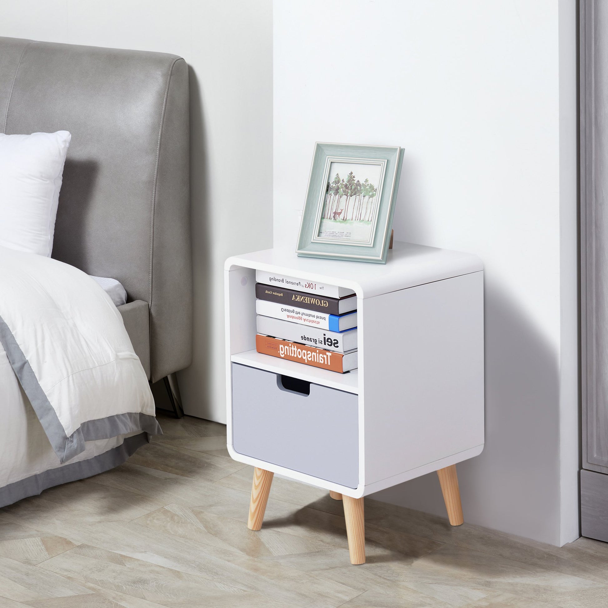 Homcom Scandinavian Style Bedside Table 40Lx38Wx58H cm-White/Grey/Natural Wood Colour