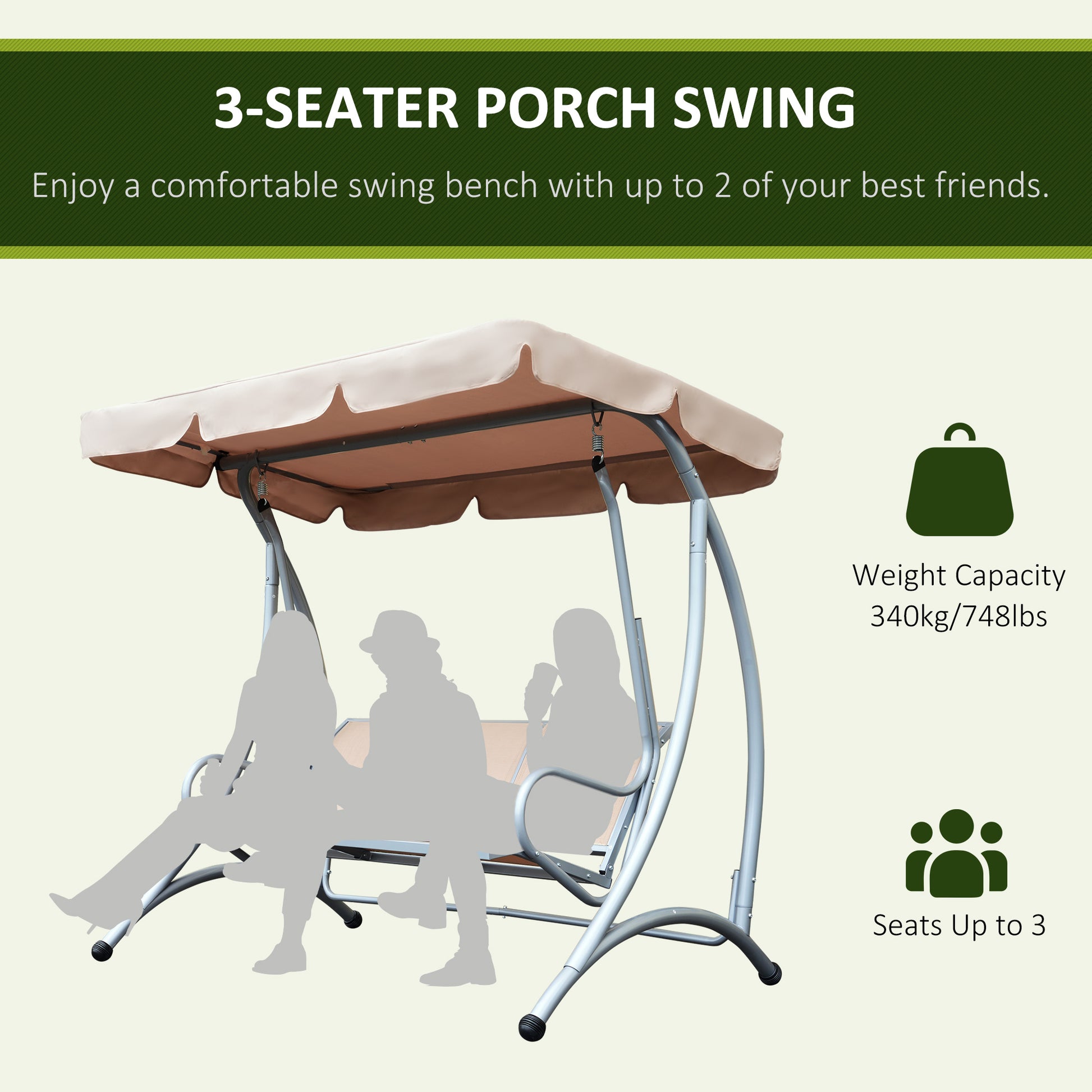 Outsunny 3 Seater Garden Swing Seat Bench Steel Swing Chair With Adjustable Canopy For Outdoor Patio Porch - Beige