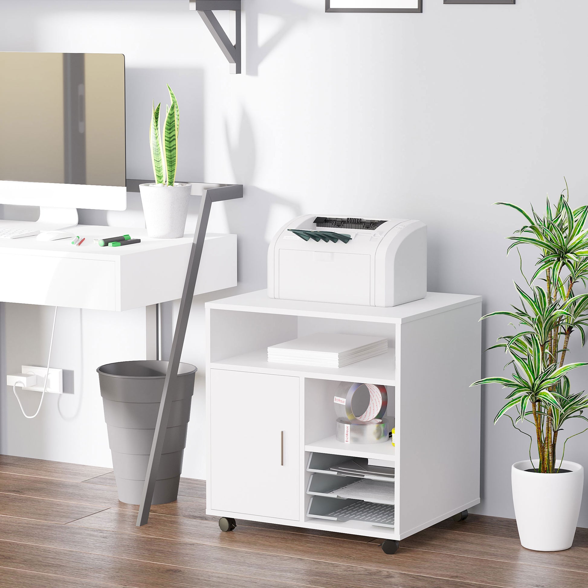 Homcom Multi-Storage Printer Stand Unit Office Desk Side Mobile Storage w/ Wheels Modern Style 60L x 50W x 65.5H cm - White