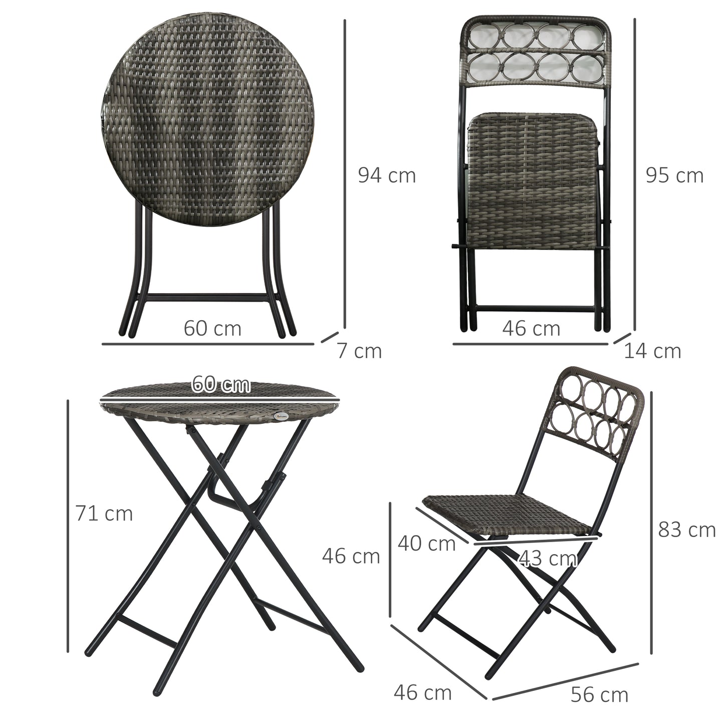 Outsunny 3 PCS Rattan Wicker Bistro Set with Easy Folding