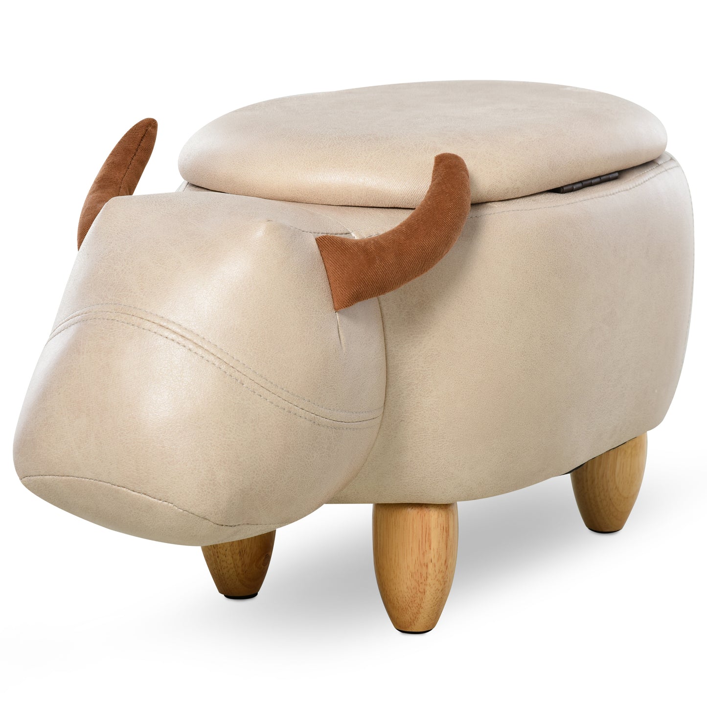 Homcom Animal footstool Buffalo Storage Stool Cute Kids Decoration Wood Frame Legs w/Padding Lid Ottoman Furniture Ivory