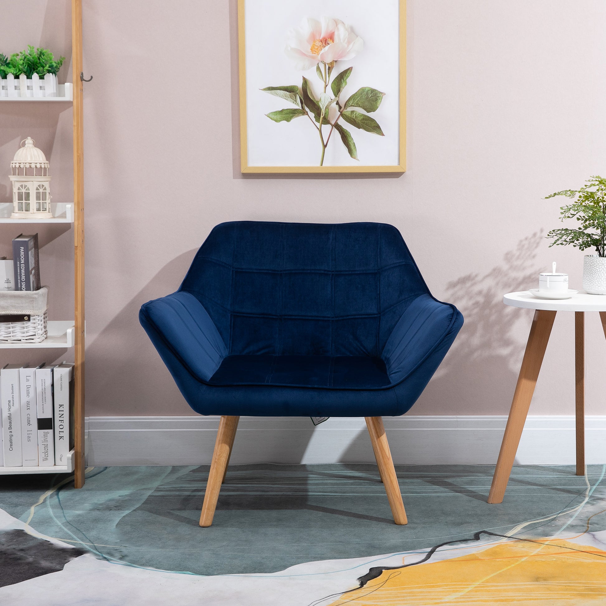 Homcom Armchair Accent Chair Wide Arms Slanted Back Padding Iron Frame Wooden Legs Home Bedroom Furniture Seating Blue