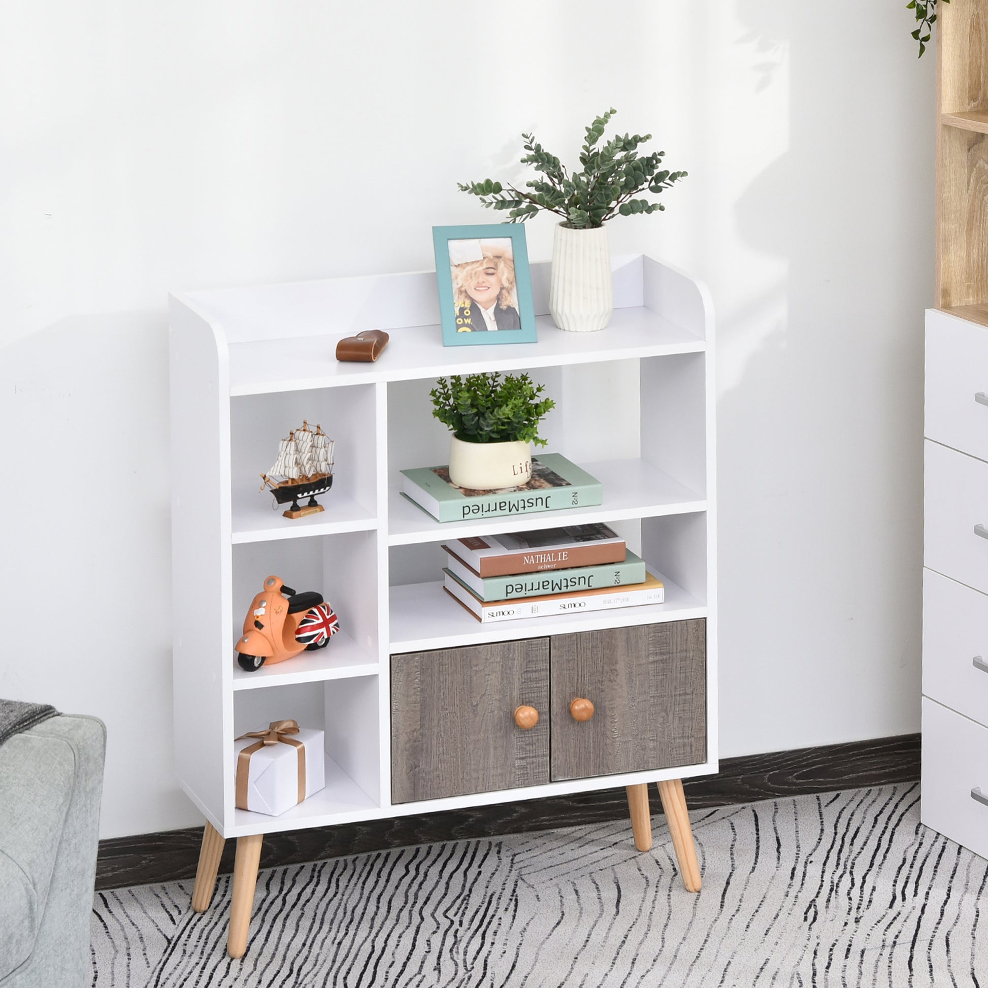 Homcom Multi-Shelf Modern Bookcase Freestanding Storage w/ Cabinet 6 Shelves Wood Legs Home Office Display Furniture Stylish White