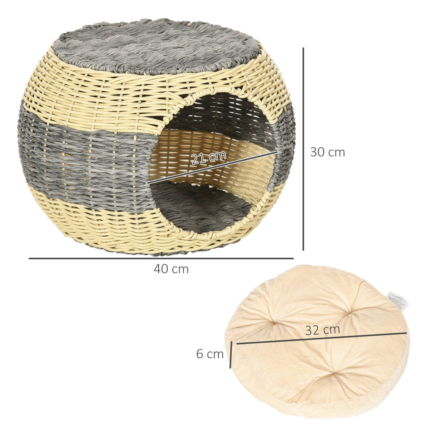 Pawhut Wicker Cat House Rattan Raised Cat Bed Cosy Kitten Cave With Soft Washable Cushion Diameter 40 X 30cm