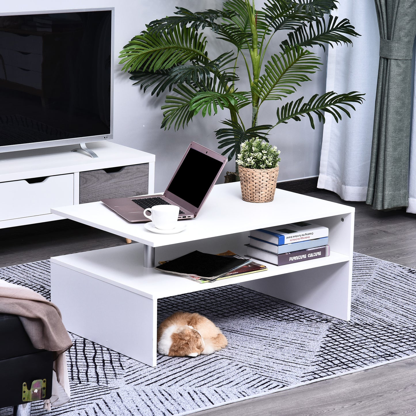 Homcom 2-Tier Coffee Table Side/End Table Modern Rectangular Design w/ Open Shelf Living Room Entryway Hallway Furniture White