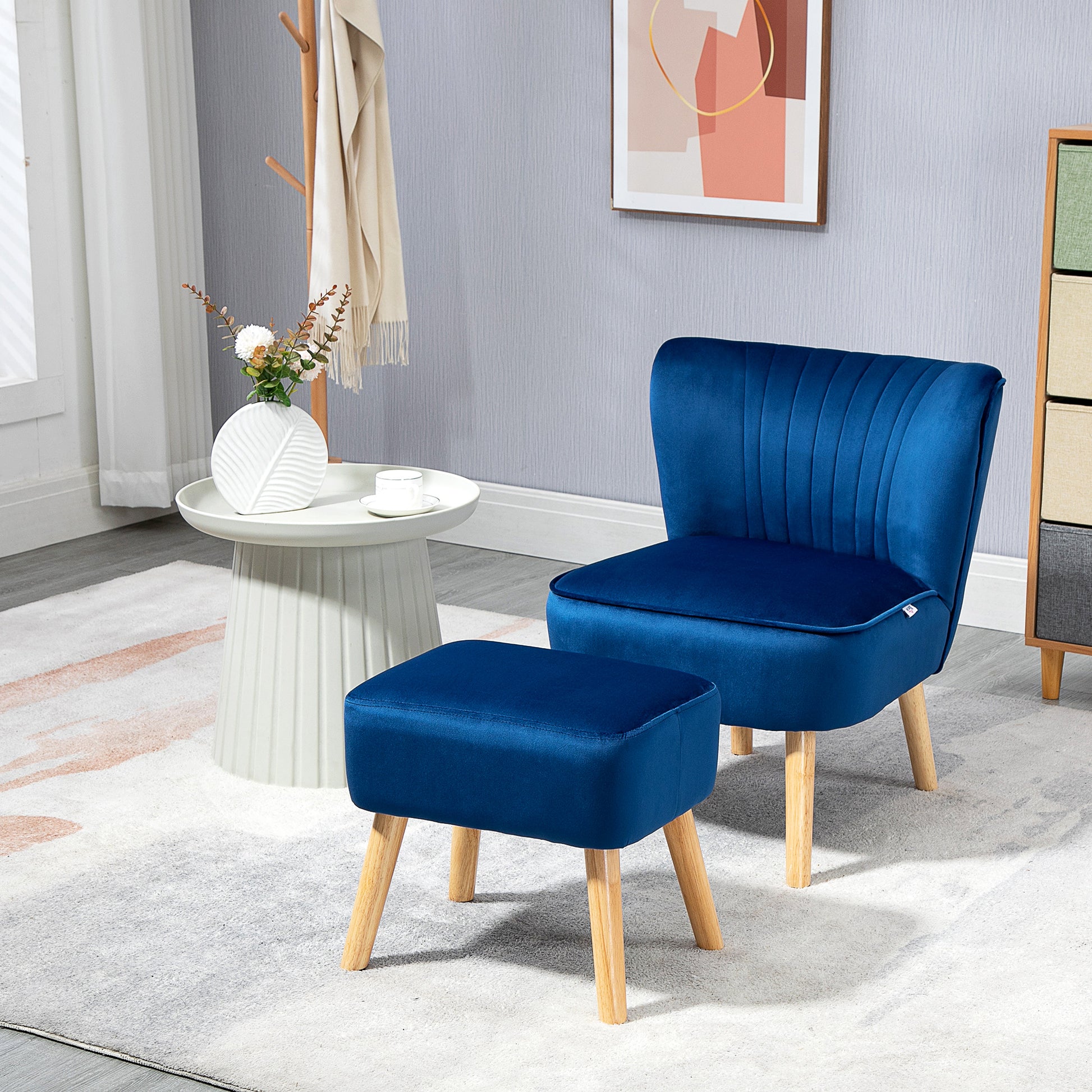 Homcom Velvet-Feel Tub Chair and Footstool - Blue