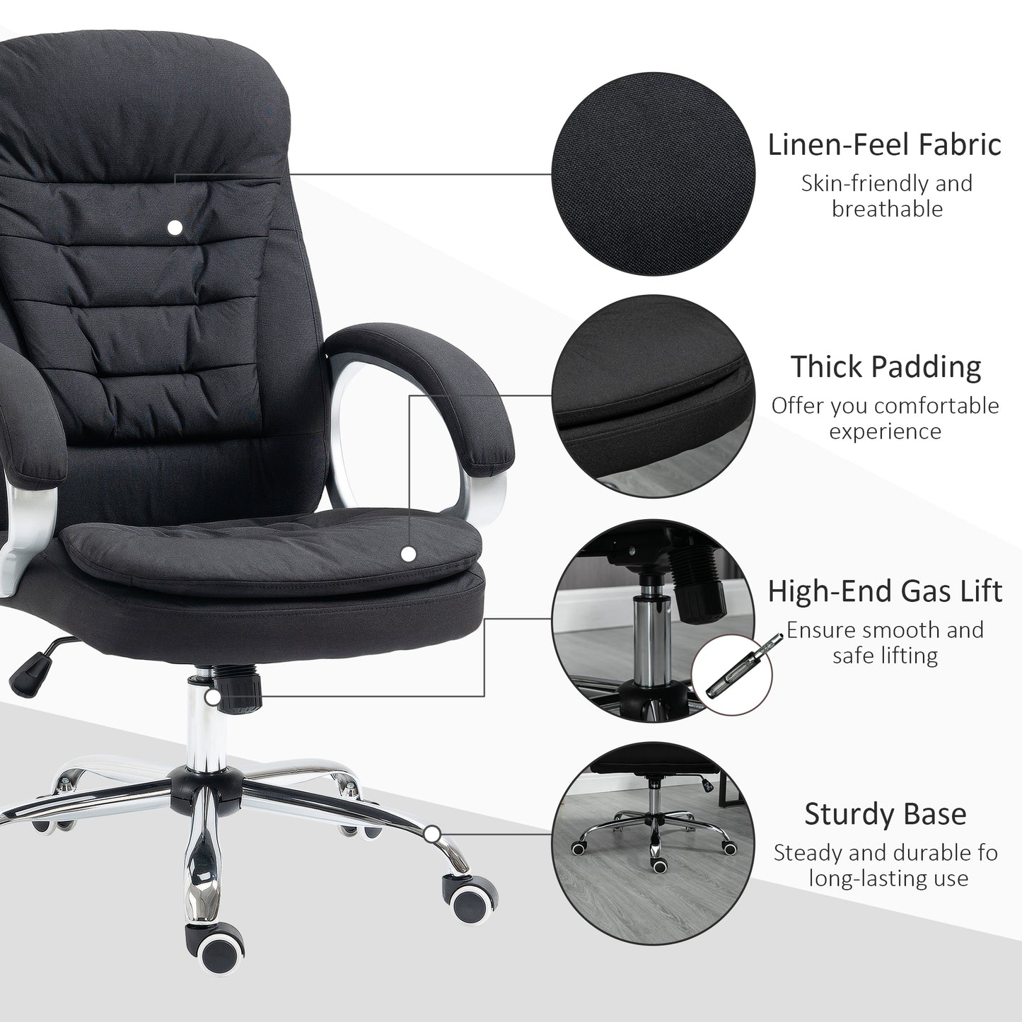 Vinsetto Ergonomic Office Chair Task Chair For Home With Arm Swivel Wheels Linen Fabric Black