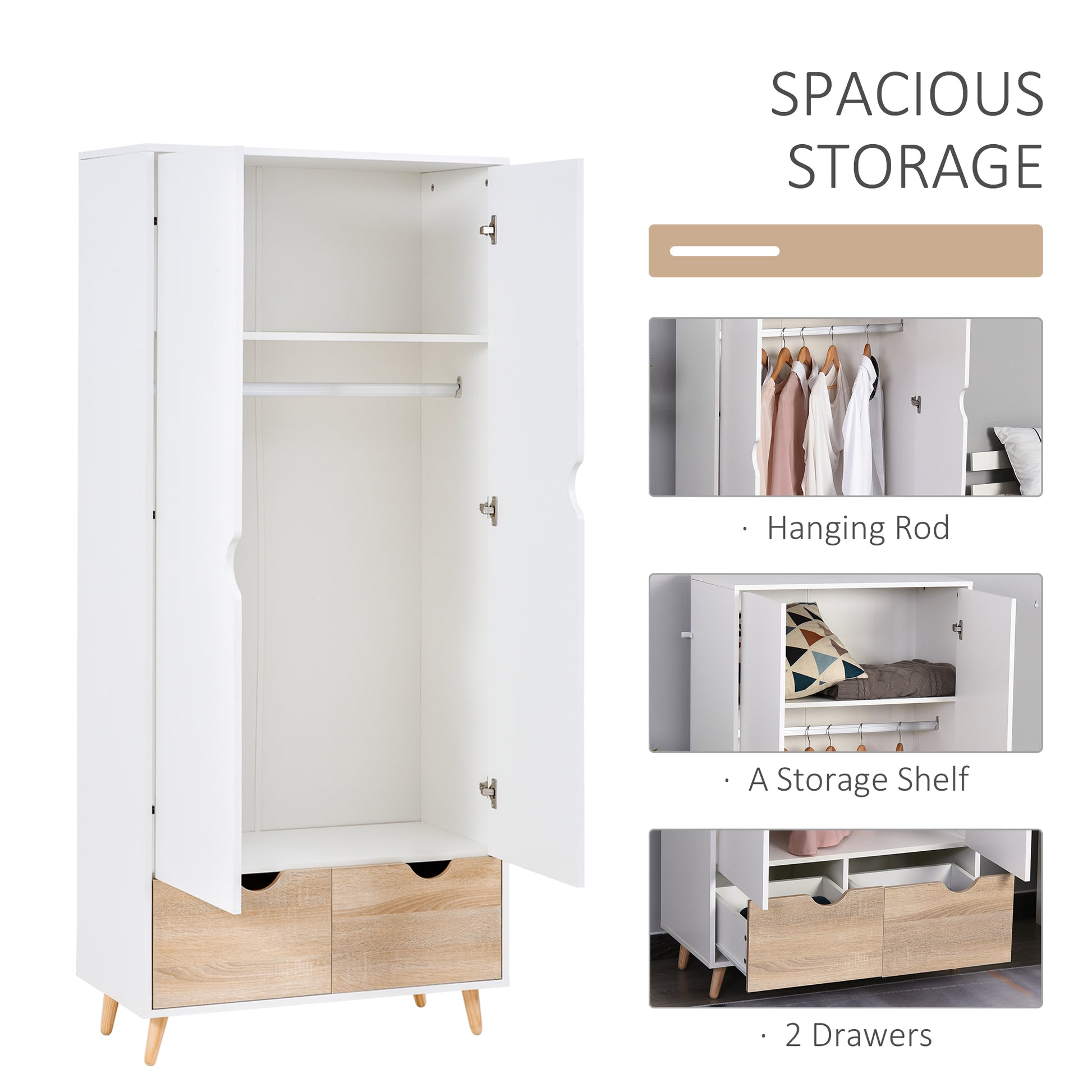 Homcom 2-Door Clothes Wardrobe w/ Rail Shelf 2 Drawers Wood Feet Elegant Home Storage Organisation Furniture Dresses Coats Blankets Shoes White