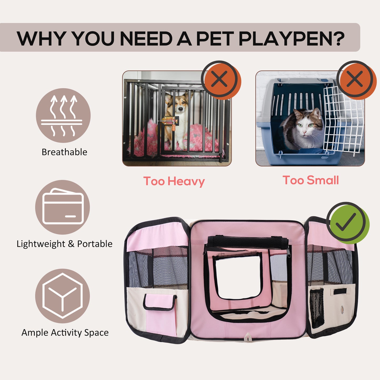 Homcom Fabric Dog Pens Pet Puppy PlayPen Dog Crate (37cmx37cmx95cm)-Pink/Cream