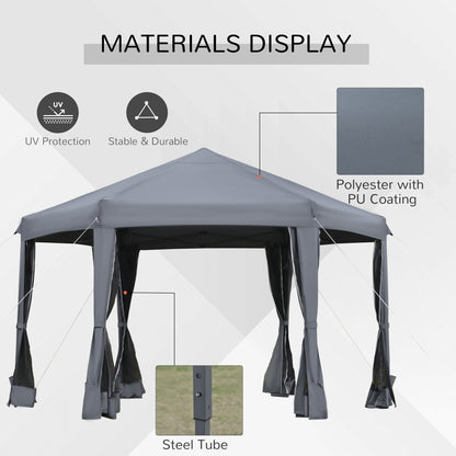 Outsunny 3.2M Pop Up Gazebo Hexagonal Canopy Tent Outdoor Sun Protection With Mesh Sidewalls Handy Bag Grey